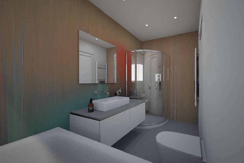 Plus - Interior Design | Wir visualisieren Ihre Räume - Neugestaltung vorab digital - Badezimmer mit Tapete statt Fliese