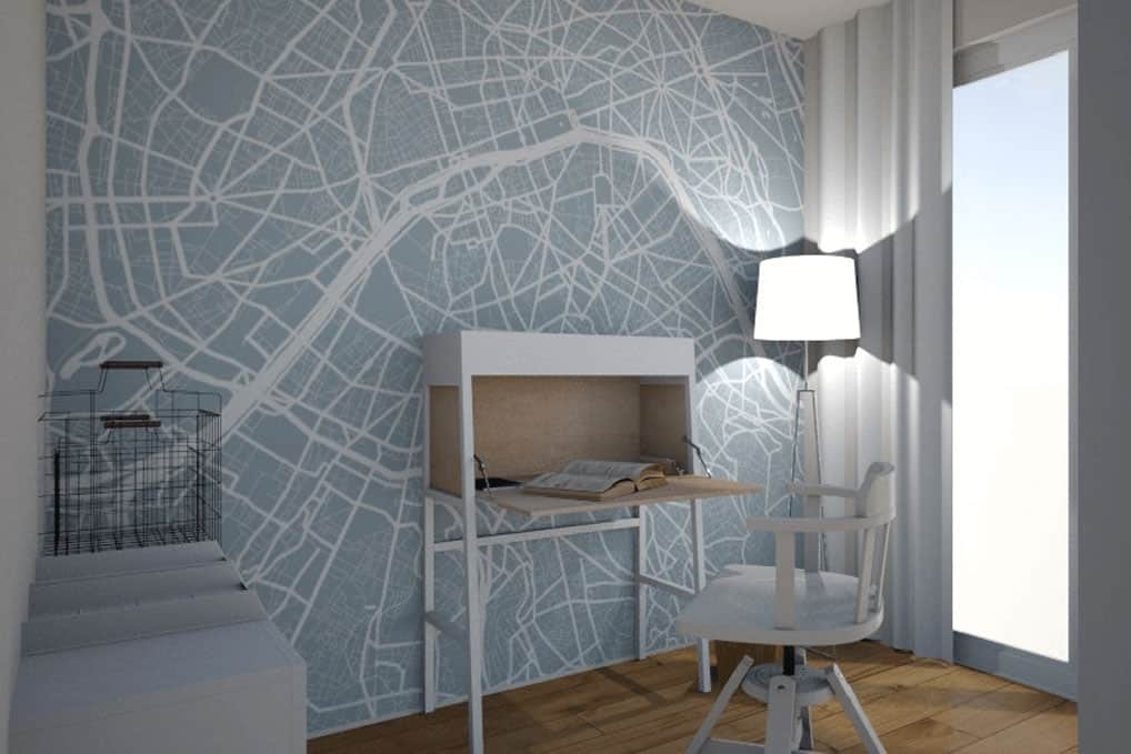 Plus - Interior Design | Wir visualisieren Ihre Räume - Neugestaltung vorab digital - Arbeitszimmer mit Stadtplan-Wandbild