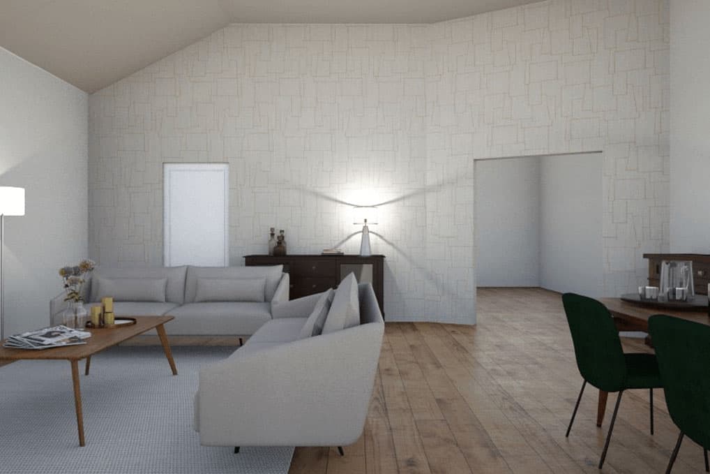 Plus - Interior Design | Wir visualisieren Ihre Räume - Neugestaltung vorab digital - Hohes Wohnzimmer mit dunkler Decke