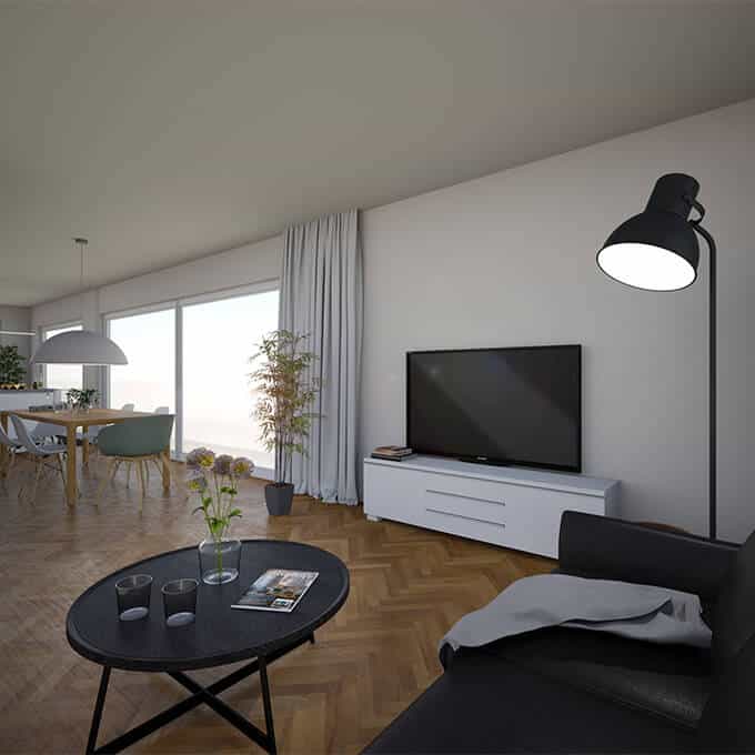 Plus - Interior Design | Visualisierung einer Eigentumswohnung mit großen Fenstern